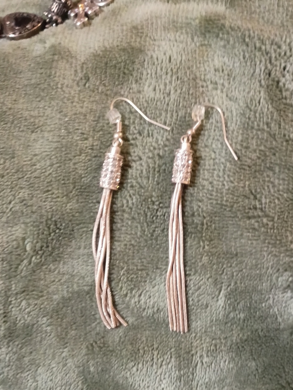 Source Unknown Silver Tassel Drop Earrings with Crystal-Accented Caps